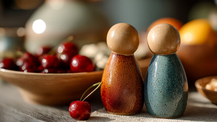A captivating tabletop still life showcases handmade wooden figures amidst a display of fresh fruit, creating a serene and artistic scene.