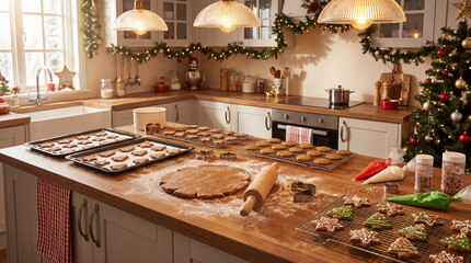 A Christmas kitchen countertop filled with multiple cookie stages—dough, cutters, decorated treats, and cooling trays—capturing the festive process of holiday baking.