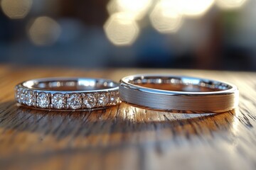 Close-up of bridal platinum rings on wood
