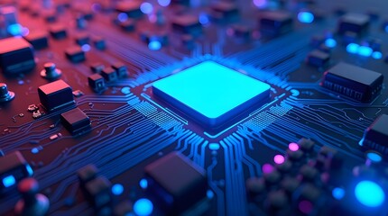 Glowing blue microchip on futuristic circuit board, high-tech semiconductor processor, advanced digital technology background for innovation, computing and electronics themes