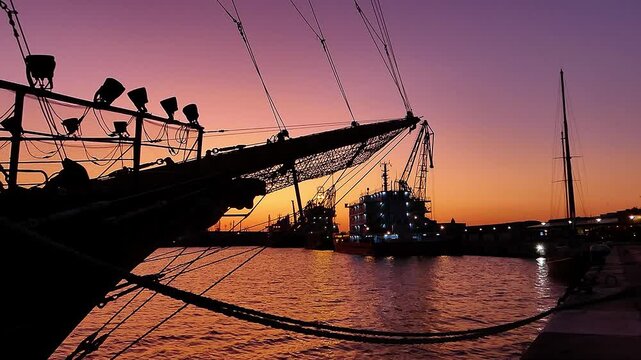 Static sunset video over Varna Port with silhouettes of sailboats, large ships, cranes and shipyard structures reflected in the glowing water, Varna, BG, EU, 01 Okt. 2019