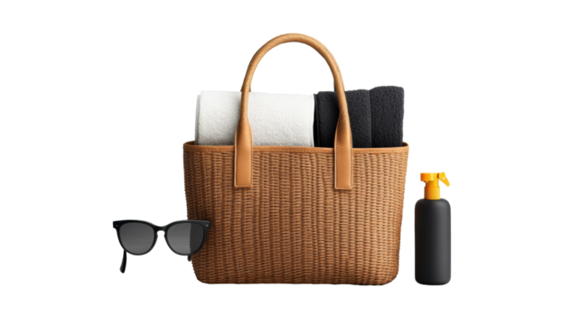 Woven bag with towels and accessories
