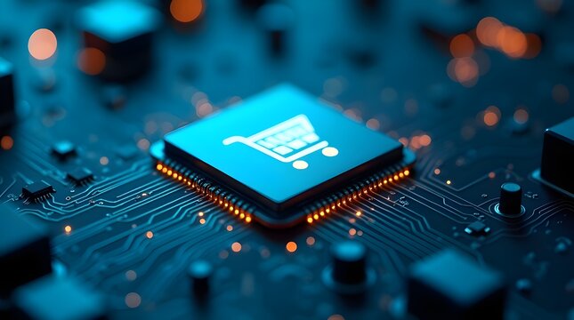 E-commerce shopping cart icon on glowing microchip, futuristic digital marketplace technology, online retail innovation, secure payment systems and modern tech infrastructure