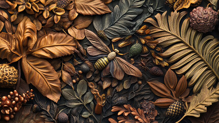 Fototapeta premium Close-up of intricate carved leaves, creating a unique and detailed mosaic AI Generative