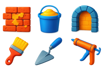 Restoration Masonry Icons. 3D icon set of restoration masonry: old brick wall, lime mortar, stone arch, brush, repair trowel,