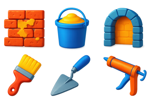 Restoration Masonry Icons. 3D icon set of restoration masonry: old brick wall, lime mortar, stone arch, brush, repair trowel,