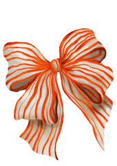 Fototapeta premium Elegant Orange Stripe Ribbon Bow Watercolor Clipart. Hand-painted classic striped bow for Christmas gifts, birthday parties, packaging, invitations, fabric prints and creative DIY projects