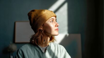 A young woman with a knit cap gazes out the window, framed by a play of light and shadows on her face and against the wall.