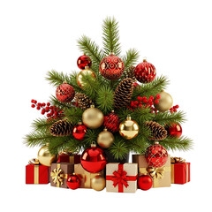 Beautiful Christmas Tree With Ornaments Gifts Pine Cones And Red Berries Decorations
