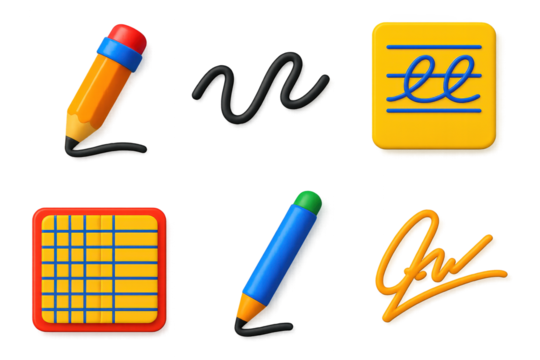 3D Handwriting Icon Set. 3D icon set of handwriting art: sketch pencil, cursive line, practice sheet, grid notebook, stylus, drawn