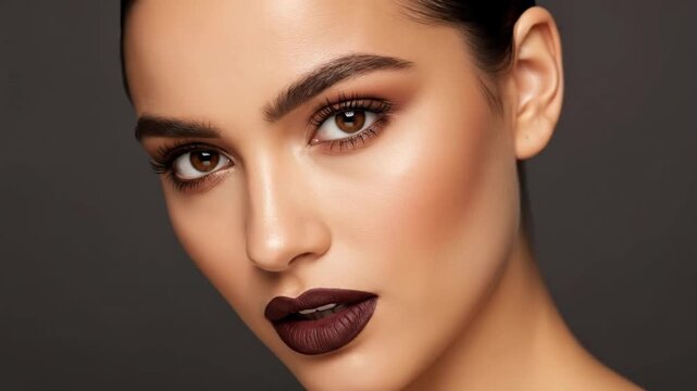 Elegant beauty model showcasing dramatic makeup with bold lipstick and smoky eyes