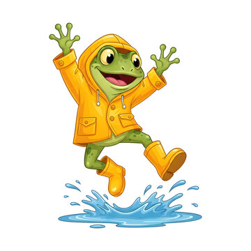 Cute Frog Jumping in Rain Puddle Wearing Yellow Raincoat and Boots isolated PNG with Transparent Background