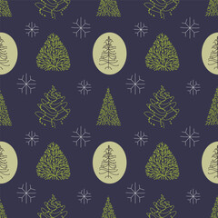Vector seamless pattern with Christmas trees, trees, bushes. Stylized, minimalist, hand-drawn trees. Simple, minimalistic background for web, print, wallpaper, wrapping paper, textile, scrapbooking.