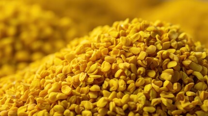 Naklejka premium Close-up View of Vibrant Yellow Seeds Piled Together on a Soft Surface with Natural Lighting and a Shallow Depth of Field for Food Photography