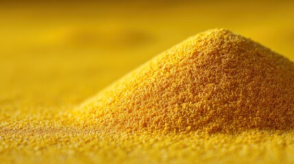 Naklejka premium Fine yellow powder resembling cornmeal or flour arranged in a small pile on a vibrant yellow background for food photography or culinary use