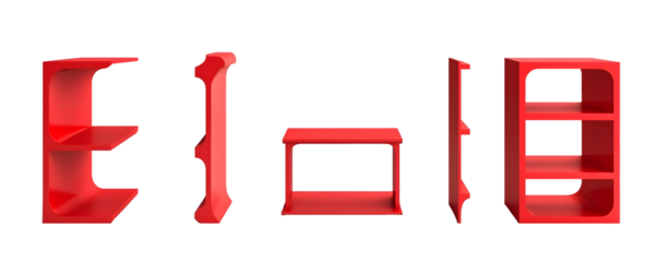 different set of empty red cardboard display racks for displaying product isolated on white background five subs