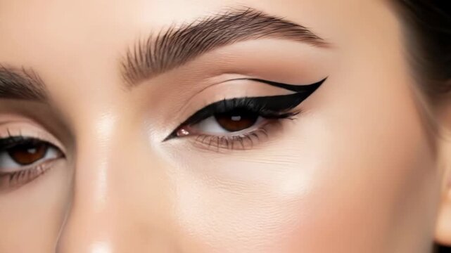 Closeup transformation of dramatic eye makeup featuring precise winged eyeliner application