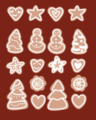 A set of Christmas cookies .Christmas gingerbread, cookies decorated with icing sugar, and glaze. In the shape of a Christmas tree, a star, snowflakes, a  snowman, a heart on a white