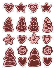 Christmas gingerbread, chocolate cookies decorated with pink glaze .In the shape of a Christmas tree, a star, snowflakes, a snowman, a heart on a white background