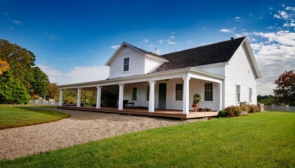 white farmhouse with a covered porch