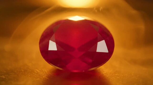 Captivating Close-Up of a Radiant Red Ruby Gemstone on a Golden Surface with Warm Illumination.