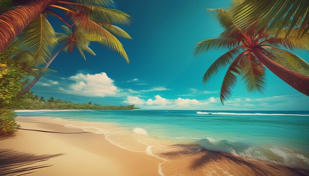 tropical beach scene with palm trees and ocean