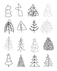 Collection of vector, linear trees on a white background. Hand drawn doodle Christmas trees, bushes, tree collection, black and white . Vector nature illustration.Botanical minimalism.