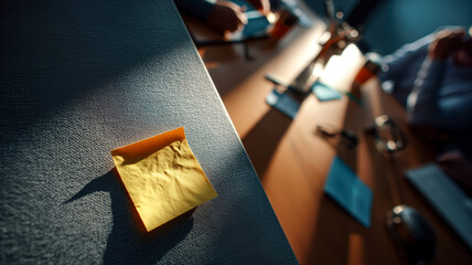 A focused meeting with a bright yellow adhesive note in sharp focus against a textured table, teamwork and project notes in the background.