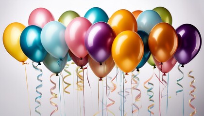 colorful balloons with ribbons on white background