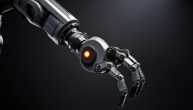 close up of a robotic arm dark gray with highlighted joints and sensors