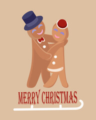 Merry Christmas card with Christmas cookies. Winter holiday theme. Gingerbread couple dancing. Gingerbread man in a top hat dancing with a gingerbread woman. Vector illustration in warm colors