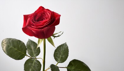 Fototapeta premium single red rose on a long stem against white background