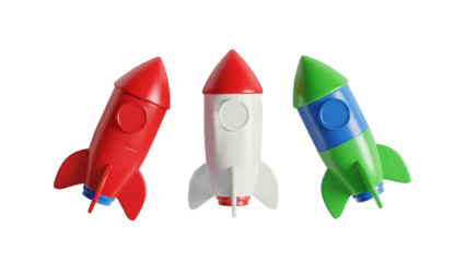Three cartoon rockets in red, white, and blue colors ready for launch into space