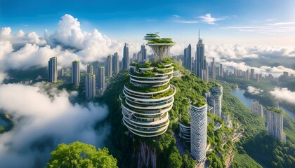 a fantastical floating city with intricate structures amidst clouds and greenery showcasing imaginative architectural designs
