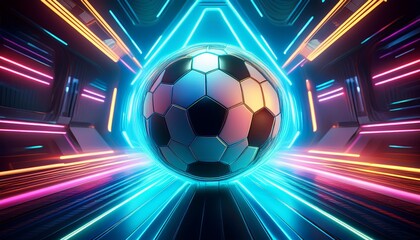 futuristic soccer ball in neon light tunnel