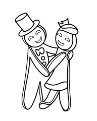 Children's coloring page with Christmas cookies. Black and white vector illustration. Gingerbread man in a top hat dancing with a gingerbread woman on a white background.