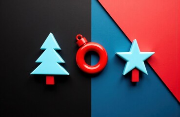 Holiday ornaments hang against bold color blocks in geometric festive arrangement