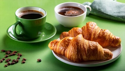 fresh croissants and coffee on a bright green table