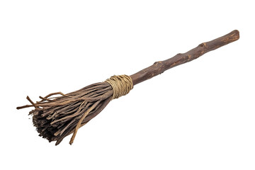 Old wicked witches broomstick isolated on white background