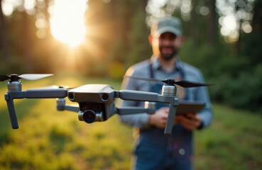 Fototapeta premium Drone flies over a sunlit field with a blurred operator in the background