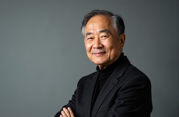 Man in a black blazer smiles softly in a studio portrait with calm presence
