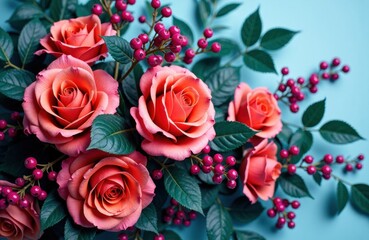 Naklejka premium Roses and berries bouquet against a blue background with vivid color and lush tones