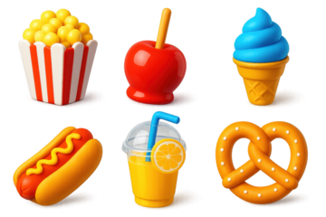3D Carnival Treats. 3D icon set of carnival treats: popcorn box, candy apple, ice cream cone, hot dog, lemonade cup, pretzel. A