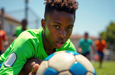 Man goalkeeper lunges for the ball during a sunny outdoor soccer match