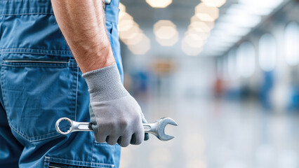 a worker in blue overalls and gloves holds a metal wrench while standing in a bright industrial environment, ready for maintenance tasks