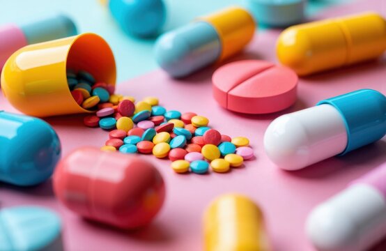 Colorful pills spill from an open capsule onto a bright pink surface today