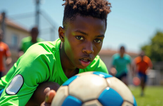 Man goalkeeper lunges for the ball during a sunny outdoor soccer match
