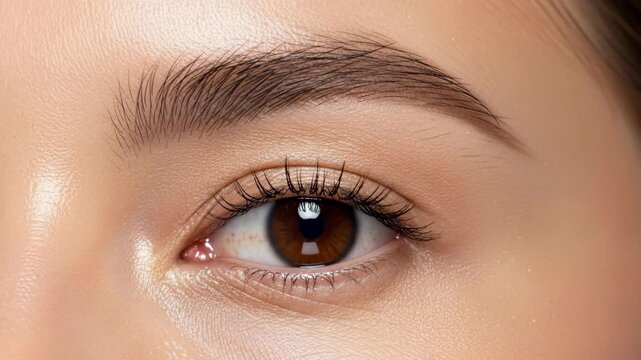 Closeup eye movement from closed to open with expressive natural eyelashes and eyebrow focus