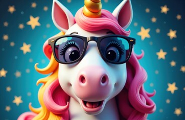 Fototapeta premium Playful unicorn wearing glasses smiles against a bright starry blue backdrop