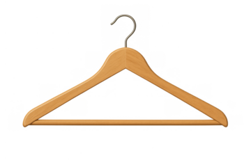 Wooden clothes hanger with metal hook for garment storage and organization, isolated with transparent background